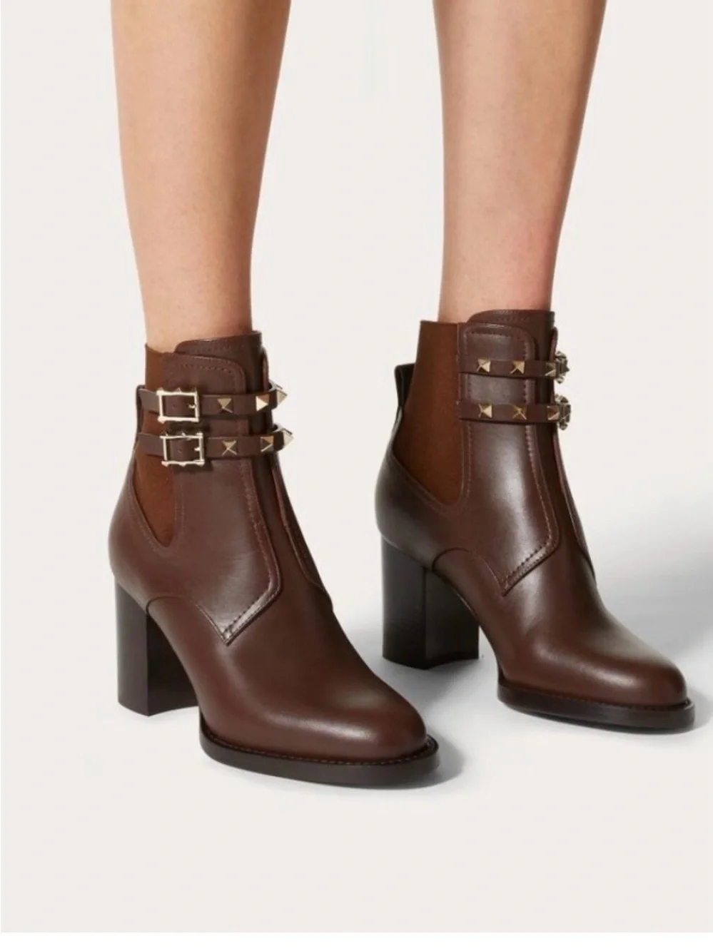 Valentino Dark Brown Leather Ankle Boots with Studded Straps